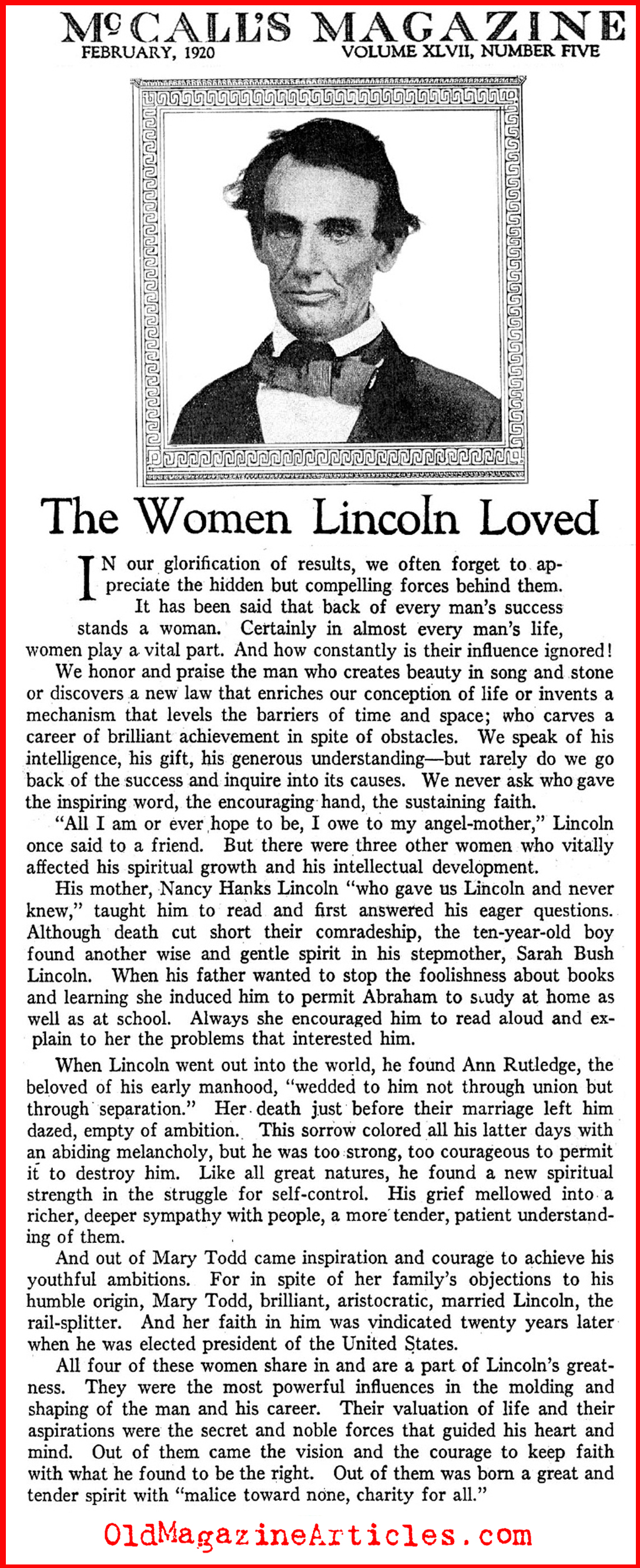 The Women Lincoln Loved  (McCall's Magazine, 1920)